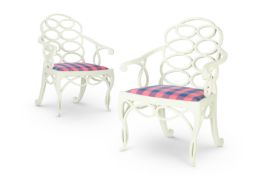 A PAIR OF EAU DE NIL GREEN PAINTED 'LOOP' ARMCHAIRS, MODERN, AFTER THE 18TH CENTURY EXAMPLE