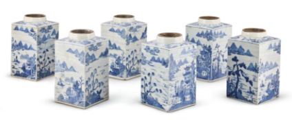 A SET OF SIX CHINESE BLUE AND WHITE TEA CANNISTERS, LATE 18TH CENTURY OR EARLY 19TH CENTURY