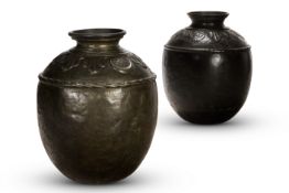 A LARGE NEAR PAIR OF PATINATED COPPER STORAGE JARS, SINDH PROVINCE, LATE 19TH CENTURY