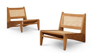 PAIR OF TEAK AND CANED 'KANGAROO' CHAIRS, LATE 20TH CENTURY, AFTER PIERRE JEANNERET