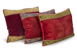 THREE GOLD THREAD EMBROIDERED RED, BLUE AND GREEN VELVET CUSHIONS, MODERN INCORPORATING 19TH CENTURY