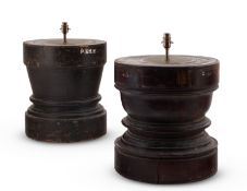 TWO BLACK PAINTED HARDWOOD MORTAR TABLE LAMPS, INDIAN, EARLY 20TH CENTURY