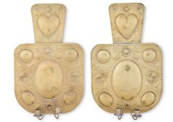 A PAIR OF ARTS AND CRAFTS REPOUSSE DECORATED BRASS TWIN LIGHT WALL SCONCES, LATE 19TH CENTURY