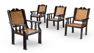 Y A SET OF FOUR EBONY ARMCHAIRS, INDIAN, MODERN