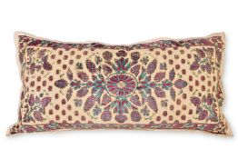 A BOLSTER CUSHION WITH NORTH INDIAN TEXTILE COVERING, MODERN INCORPORATING 19TH CENTURY FABRIC