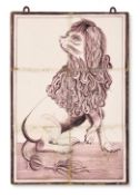 A DUTCH DELFT MANGANESE SIX PANEL TILE PANEL PAINTED WITH A PARTIALLY CLIPPED DOG