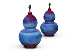 A PAIR OF CHINESE-STYLE MOTTLED-BLUE AND SANG DE BOEUF GLAZED DOUBLE-GOURD VASES, MODERN, ASIAN
