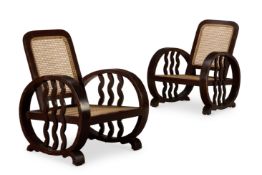 A PAIR OF BOMBAY ART DECO PAINTED TEAK AND CANED SEAT ARMCHAIRS, CIRCA 1930