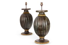 A NEAR PAIR OF CARVED AND PAINTED WOOD OVOID AND GADROONED LAMPS, BY ANDREW ALLFREE (B.1956)