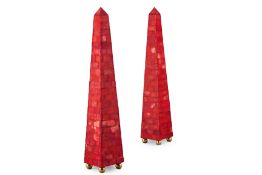 A PAIR OF BRASS MOUNTED COCHINEAL STAINED BONE AND WOOD OBELISKS, BY ANDREW ALLFREE (B.1956)