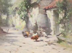 ROBERT RUSSELL MACNEE (BRITISH 1880-1952), CHICKENS FEEDING IN THE YARD