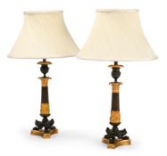 A PAIR OF GILT AND PATINATED HERCULANEUM BASE CANDLESTICK TABLE LIGHTS, EARLY 19TH CENTURY