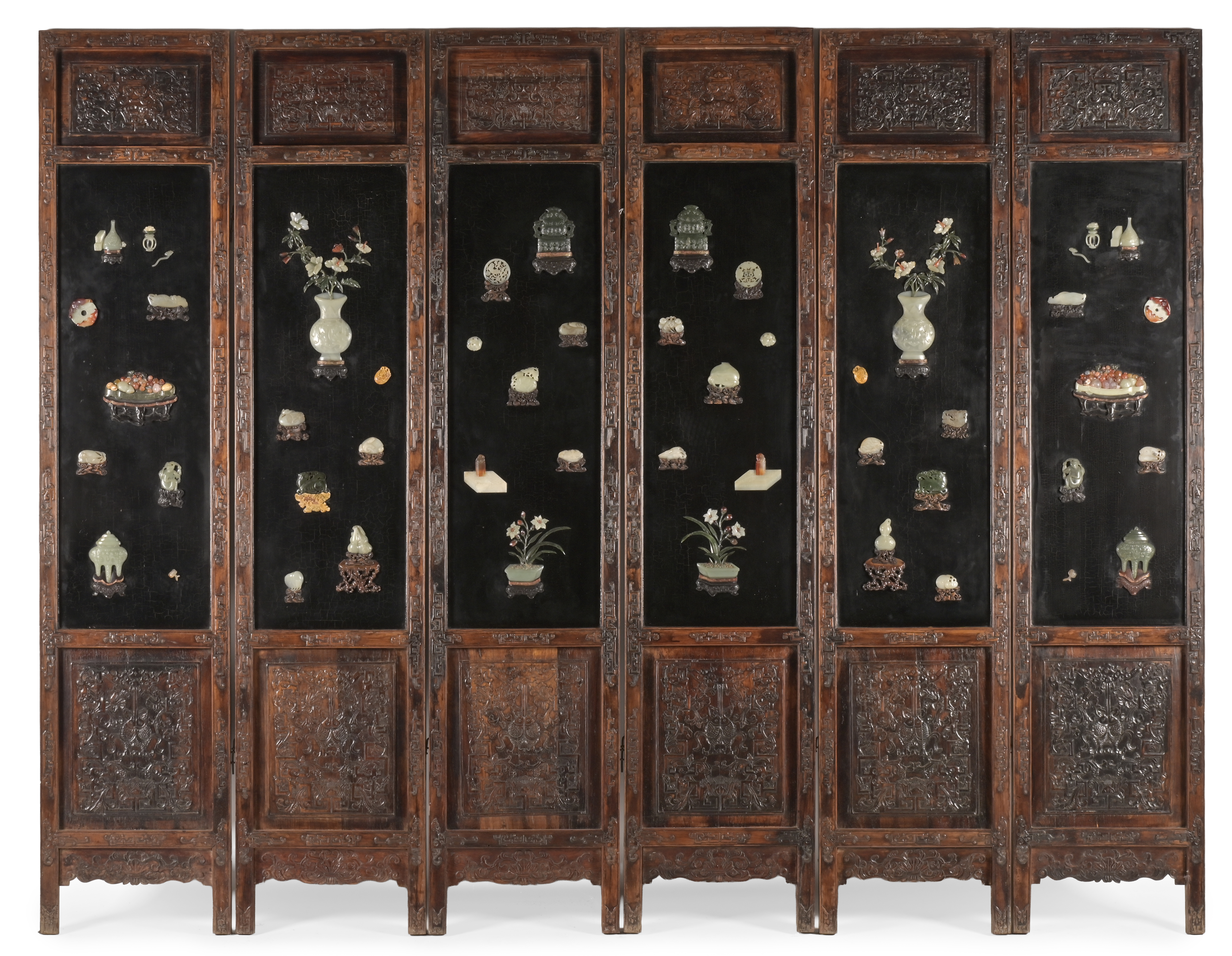 A CHINESE HARDWOOD, JADE AND HARDSTONE INLAID SIX FOLD FLOOR SCREEN, QING DYNASTY, 19TH CENTURY