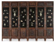 Y A CHINESE HARDWOOD, JADE AND HARDSTONE INLAID SIX FOLD FLOOR SCREEN, QING DYNASTY, 19TH CENTURY