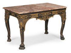 A GEORGE II BLACK CARVED, BLACK PAINTED AND PARCEL GILT CONSOLE TABLE, CIRCA 1750