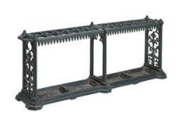 A VICTORIAN CAST IRON AND GREEN PAINTED COUNTRY HOUSE STICK STAND, LATE 19TH CENTURY