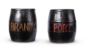 A PAIR OF POLYCHROME PAINTED AND IRON BOUND COOPERED BARRELS, 20TH CENTURY