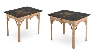 A PAIR OF CARVED GILTWOOD, GESSO, BLACK LACQUER AND CHINOISERIE DECORATED CONSOLE TABLES