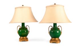 A PAIR OF FRENCH GILT BRONZE MOUNTED GREEN GLAZED BOTTLE VASE TABLE LIGHTS, MID TO LATE 19TH CENTURY