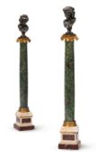 A PAIR OF ITALIAN GRAND TOUR NEOCLASSICAL GILT BRONZE MOUNTED VERDE DI CORSICA, COLUMNS WITH BRONZE