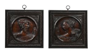 A RARE PAIR OF FRENCH CARVED WALNUT 'MYTHOLOGICAL ROMAYNE' PANELS, LATE 16TH CENTURY