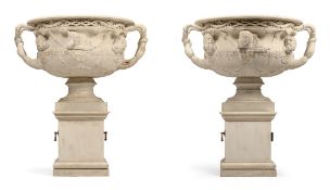 A MONUMENTAL PAIR OF CARVED WOOD AND GESSO PAINTED MODELS OF THE WARWICK VASE, CONTEMPORARY