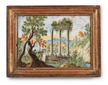 A CASTELLI POLYCHROME RECTANGULAR PLAQUE WITH FIGURES AND A CASTLE BEYOND, 18TH CENTURY