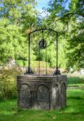 AN ITALIAN ROSSO VERONA MARBLE AND WROUGHT IRON WELL HEAD, IN VENETO-BYZANTINE STYLE, CIRCA 1930