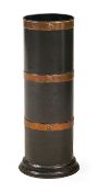 A LACQUERED METAL AND COPPER BOUND CYLINDRICAL STICK STAND, LATE 19TH OR EARLY 20TH CENTURY