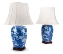 A PAIR OF CHINESE BLUE AND WHITE 'PRUNUS' VASE TABLE LIGHTS, QING DYNASTY, LATE 19TH CENTURY