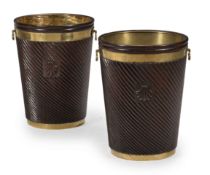 A LARGE PAIR OF CARVED MAHOGANY AND BRASS BOUND BUCKETS, IN IRISH GEORGE III STYLE, CONTEMPORARY