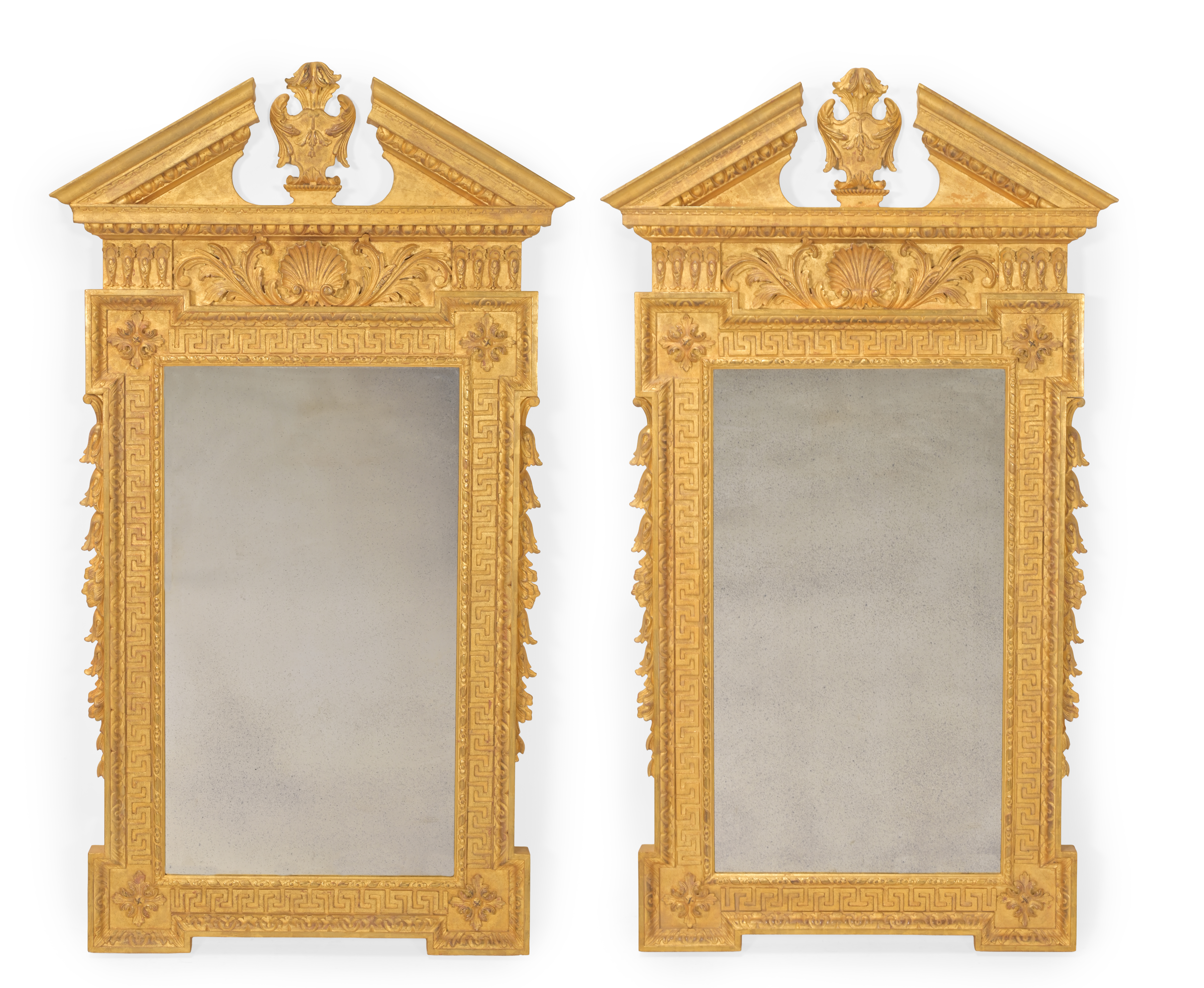 A PAIR OF CARVED GILTWOOD MIRRORS, IN GEORGE II STYLE, IN THE MANNER OF WILLIAM KENT, CONTEMPORARY