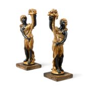A PAIR OF CARVED GILTWOOD AND EBONISED FIGURAL TABLE LIGHTS, ITALIAN, 19TH CENTURY