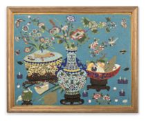 A CHINESE CLOISONNÉ ENAMEL LARGE 'HUNDRED ANTIQUES' PANEL, QING DYNASTY, JIAQING/DAOGUANG PERIOD