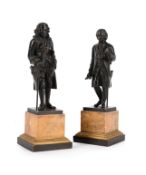 AFTER JEAN CLAUDE, FRANÇOIS ROSSET (FRENCH, 1706–1786), A PAIR OF FRENCH BRONZE FIGURES OF VOLTAIRE