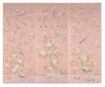 A SET OF THREE 'EARLHAM' CHINOISERIE PATTERN PANELS HAND-PAINTED ONTO PINK INDIA TEA PAPER