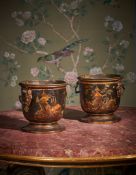 A PAIR OF LOUIS XV GILT JAPANNED TOLE PEINTE CACHE POTS OR RAFRAICHISSOIRS, MID 18TH CENTURY