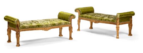 A PAIR OF CARVED GILTWOOD AND UPHOLSTERED WINDOW SEATS, IN THE MANNER OF ROBERT ADAM, CONTEMPORARY