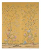 A PAIR OF 'EARLHAM' CHINOISERIE PATTERN PANELS HAND-PAINTED ONTO SIENNA EARTH DYED SILK PAPER