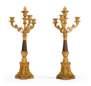 A PAIR OF FRENCH GILT AND PATINATED FOUR LIGHT CANDELABRA, MID 19TH CENTURY