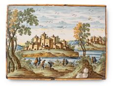 A CASTELLI POLYCHROME RECTANGULAR PLAQUE DEPICTING RUINS IN A LANDSCAPE, 18TH CENTURY