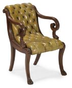 A REGENCY MAHOGANY AND BUTTONED LEATHER UPHOLSTERED LIBRARY ARMCHAIR, CIRCA 1820