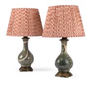 A PAIR OF VARIEGATED GREEN CIPOLLINO MARBLE BALUSTER TABLE LIGHTS, FRENCH, CIRCA 1890