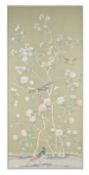 AN 'EARLHAM' CHINOISERIE PATTERN PANEL HAND-PAINTED ONTO BLUE GREY DYED SILK PAPER