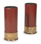 A PAIR OF RED PAINTED MAHOGANY AND BRASS MOUNTED 'SHOTGUN CARTRIDGE' STICK STANDS, CONTEMPORARY