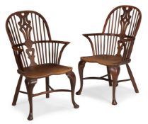 A PAIR OF GEORGE III YEW AND ELM WINDSOR ARMCHAIRS, CIRCA 1760