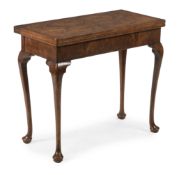 A GEORGE I FIGURED WALNUT AND FEATHERBANDED CONCERTINA ACTION CARD TABLE, CIRCA 1725
