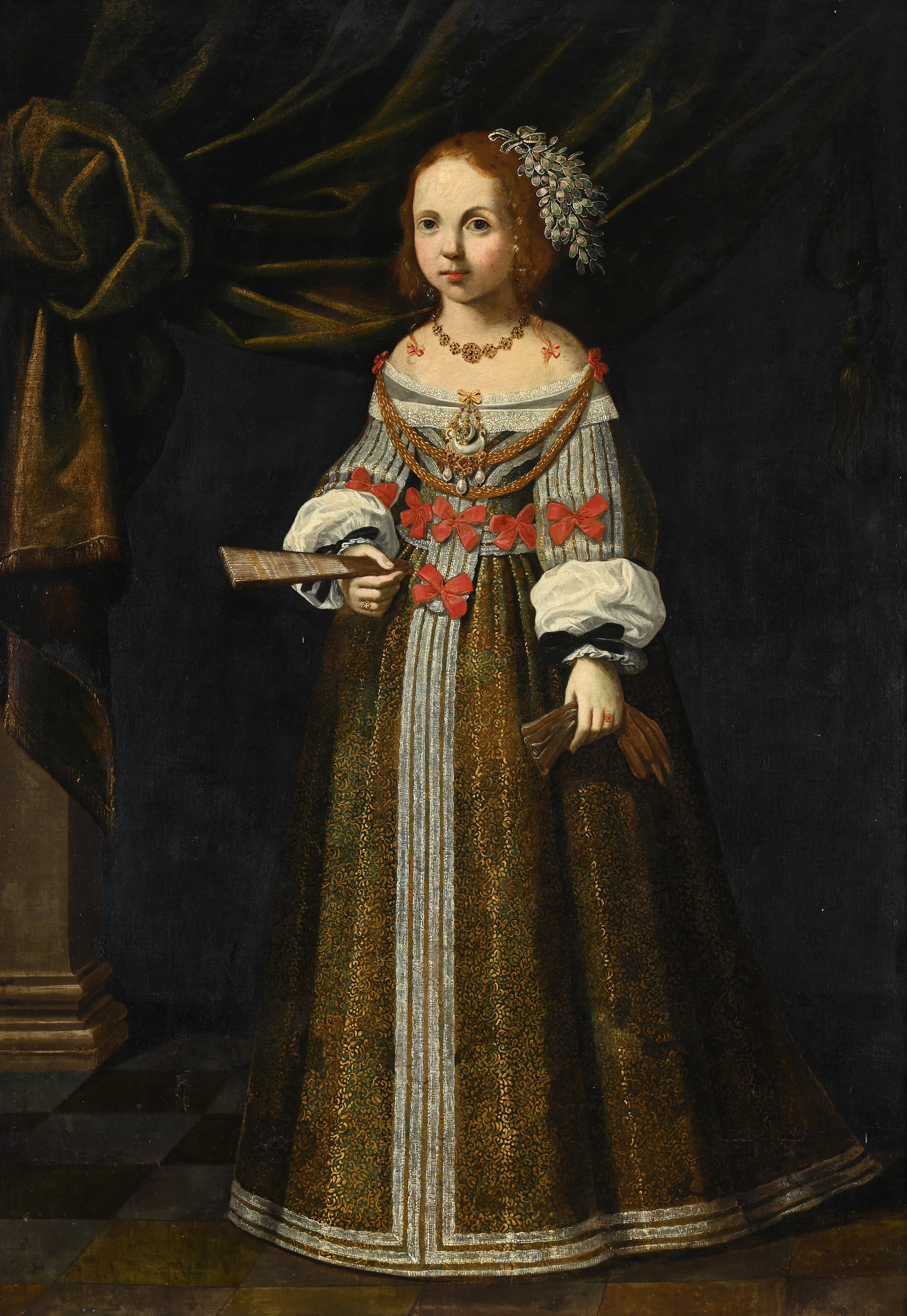 NORTH ITALIAN SCHOOL (17TH CENTURY), PORTRAIT OF A YOUNG GIRL WEARING A RICHLY EMBROIDERED DRESS SET