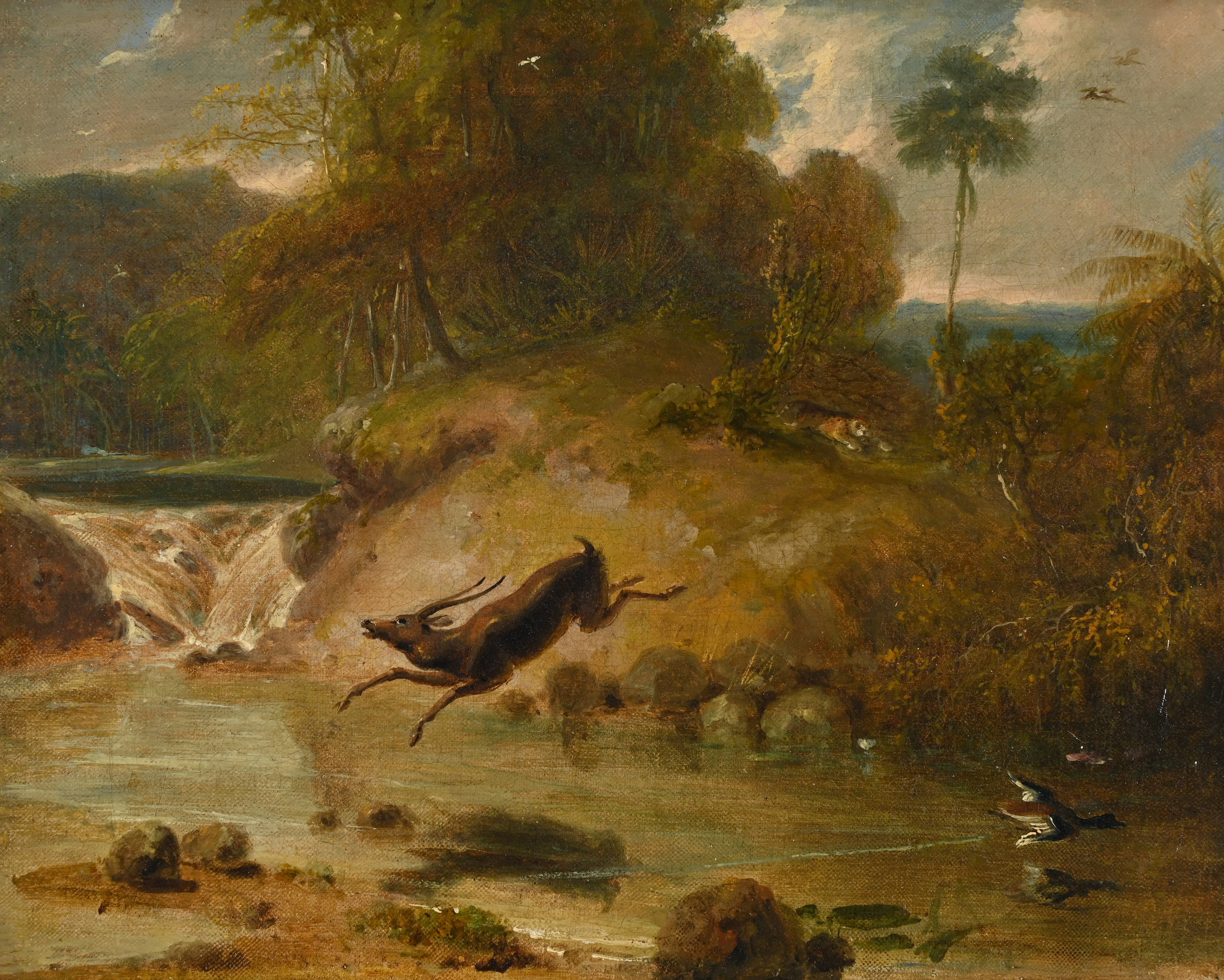 WILLIAM DANIELL (BRITISH 1769-1837), HILLY LANDSCAPE IN INDIA WITH A TIGER CHASING A SAROW DEER