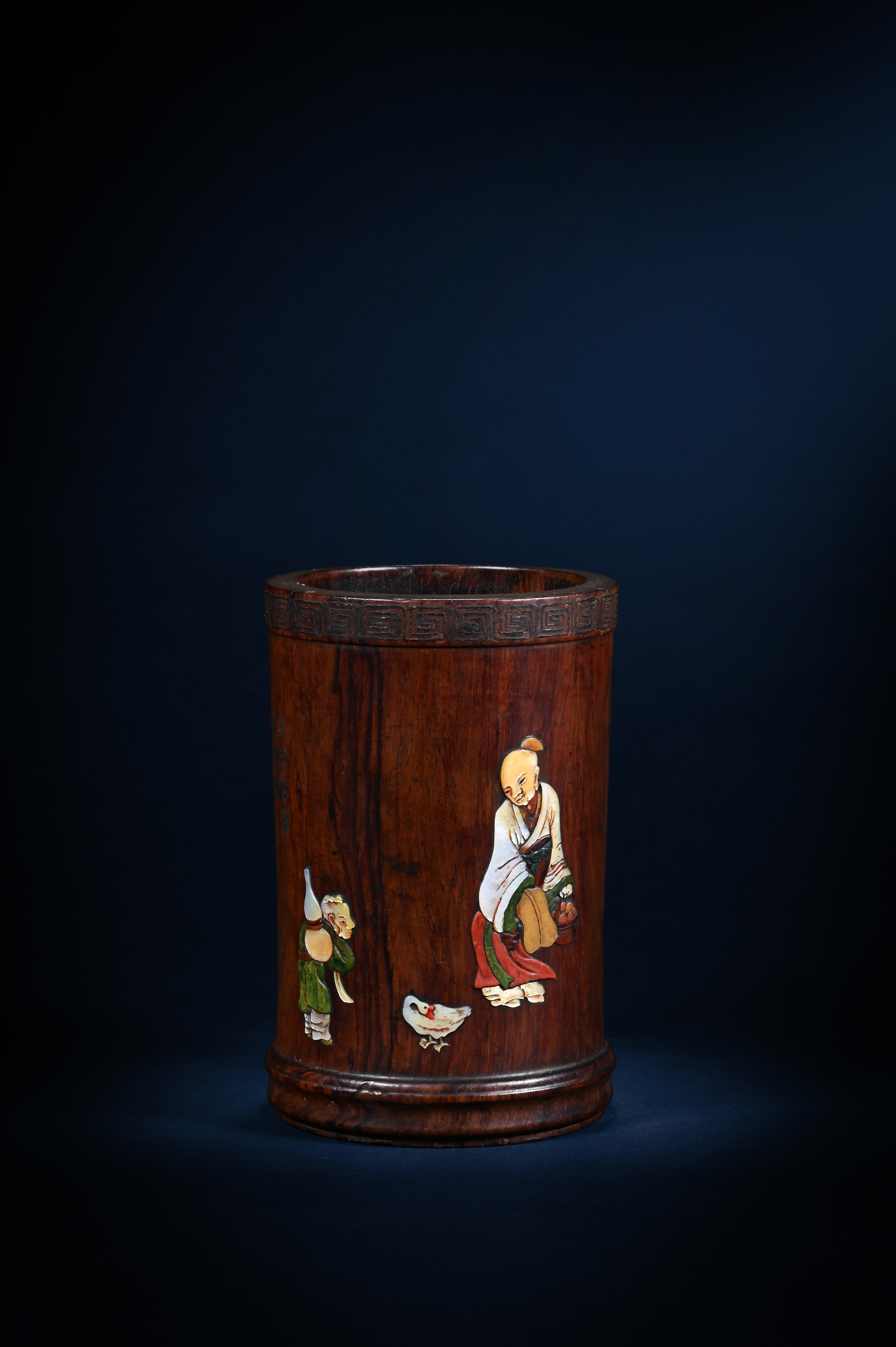 A Chinese huanghuali and soapstone inlaid brushpot, 18th century